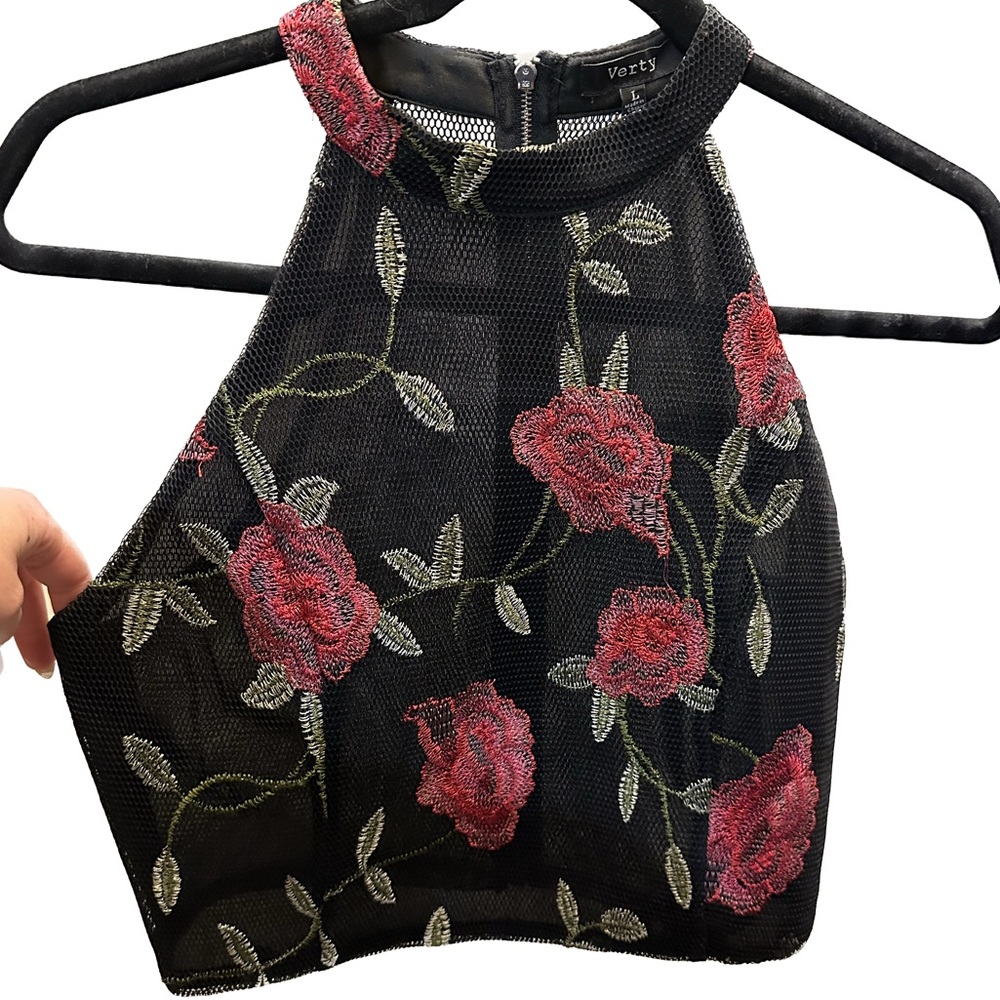 Rose Embroidered Halter Fishnet Top